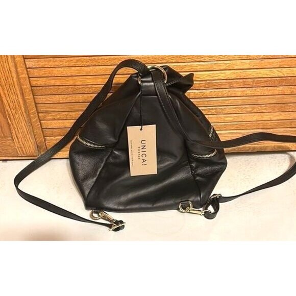Unica Black Leather Backpack Purse With Gold Zipper Pockets & Adjustable Straps main image 3